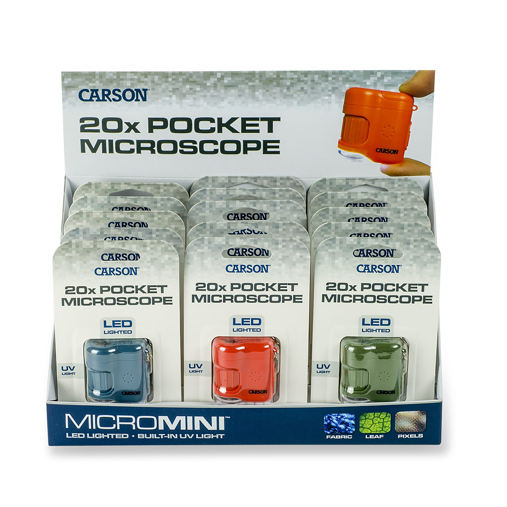 Carson Pocket Microscope MicroMini 20x with UV and LED, 15 pieces Display