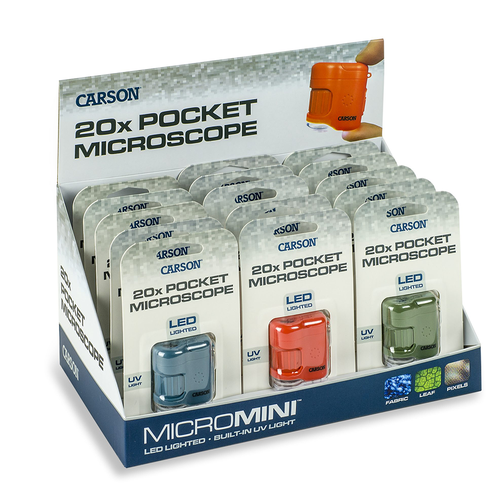 Carson Pocket Microscope MicroMini 20x with UV and LED, 15 pieces Display