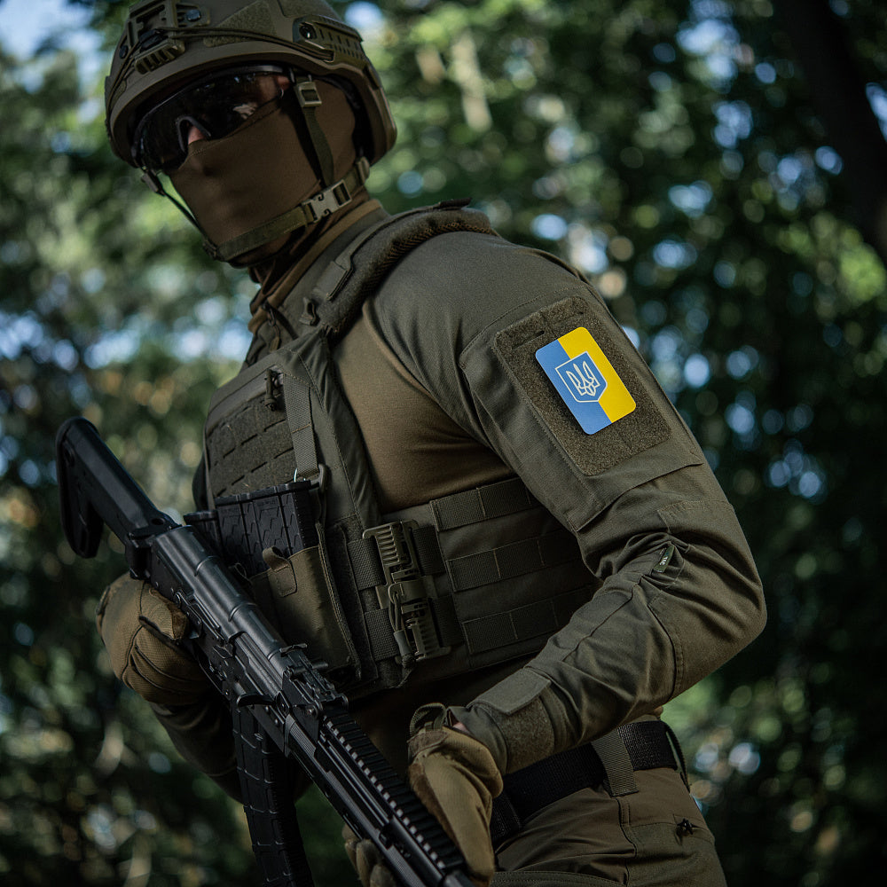 Patch Ukrainische Flagge mit Wappenschild (80x50mm) Vertikal