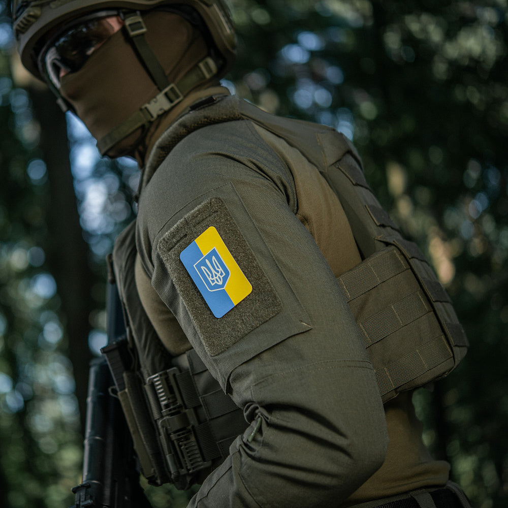 Patch Ukrainische Flagge mit Wappenschild (80x50mm) Vertikal