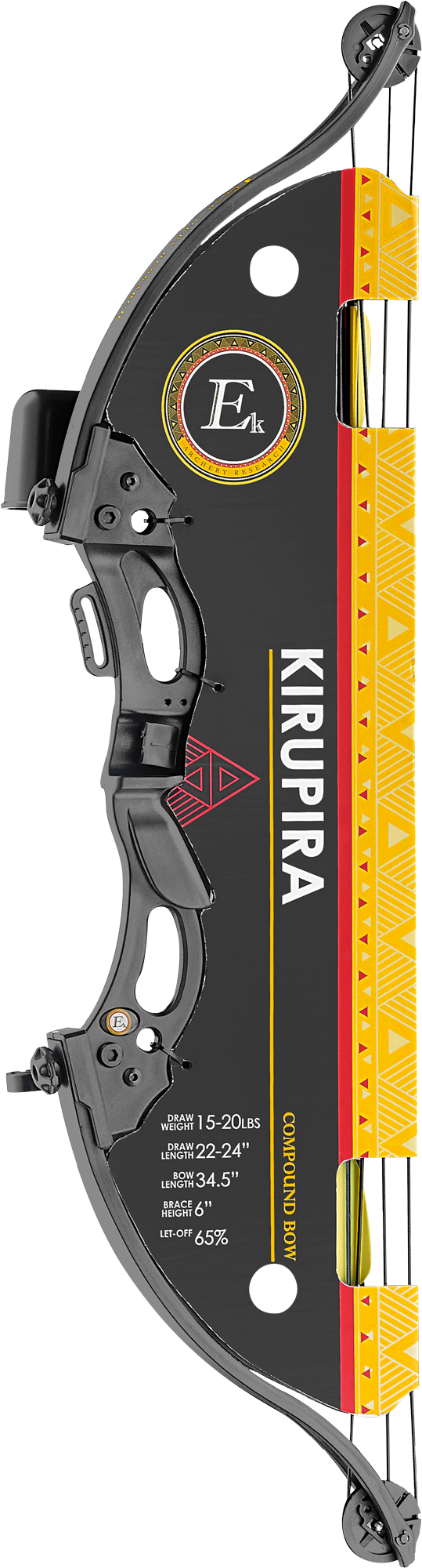 EK Archery Kirupira Compound SET 15-20lbs, Horn rubber rest, 1-pin brass sight, 4-arrow quiver, finger-tab, arm-guard, 2x 24" fibre Arrows