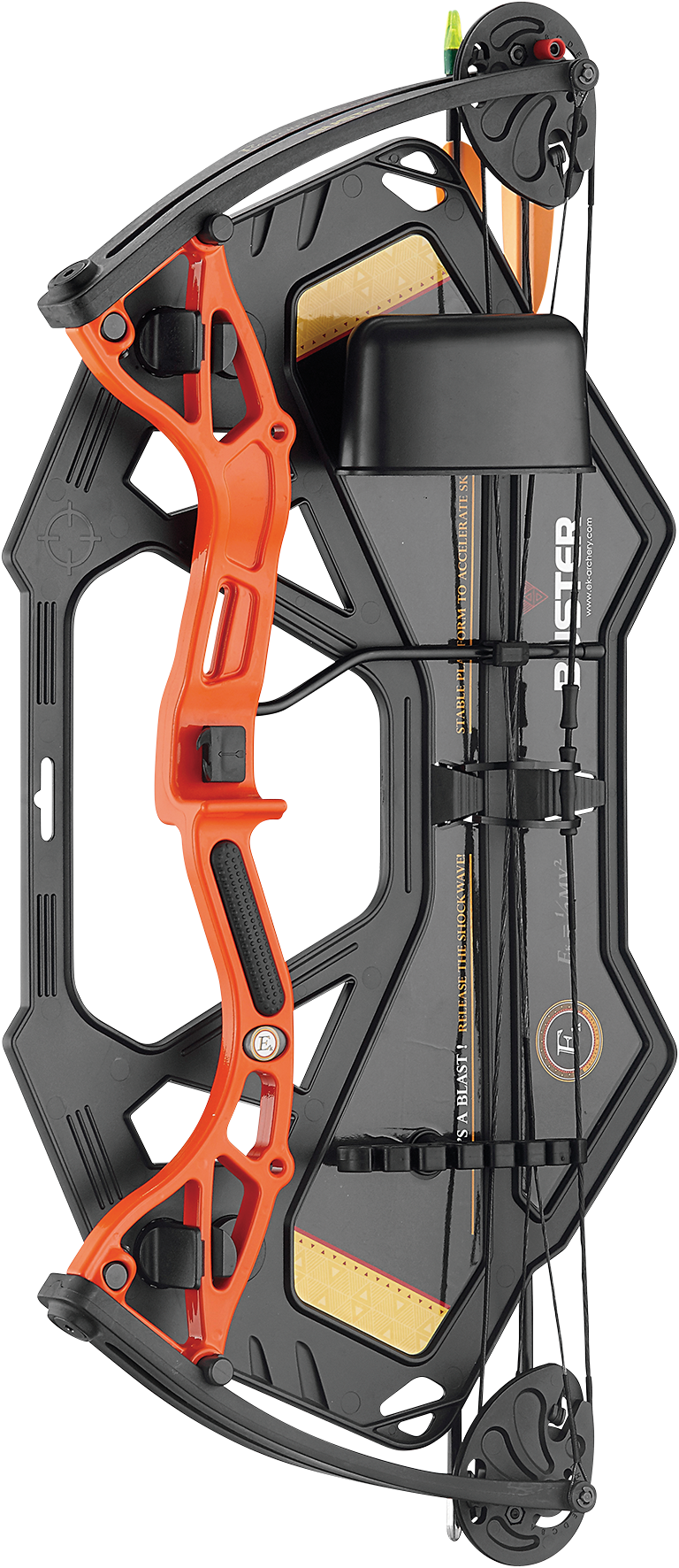 EK Archery Buster Orange Compound SET 15-29lbs, Horn rubber rest, 1-pin brass sight, 4-arrow quiver, finger rollers, armguard, 2x 26" fibre arrows (D-047-B3)
