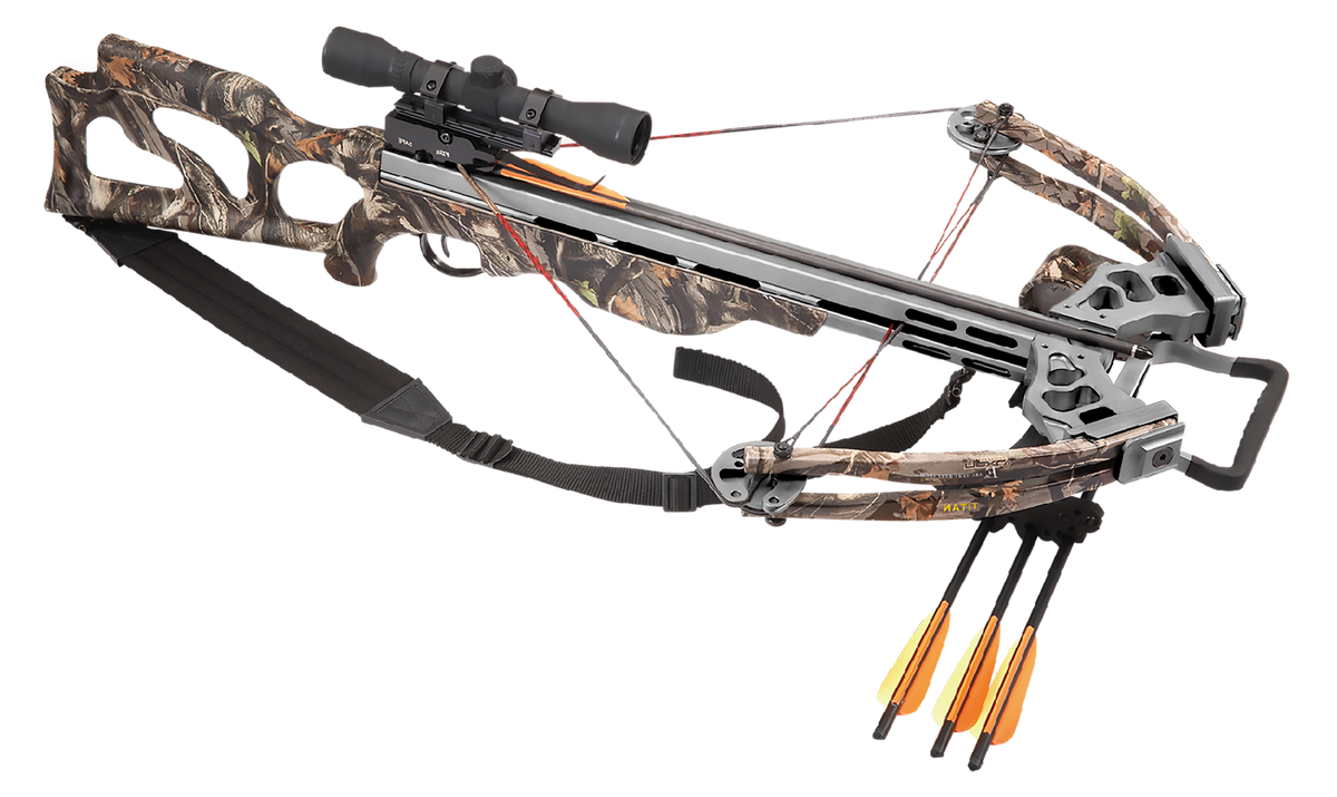 EK Archery Titan Next G1 Camo 200lbs, 4x32 scope, cocking rope, shoulder sling, 6 bolt quiver, 3x20" carbon bolts (D-067B3)