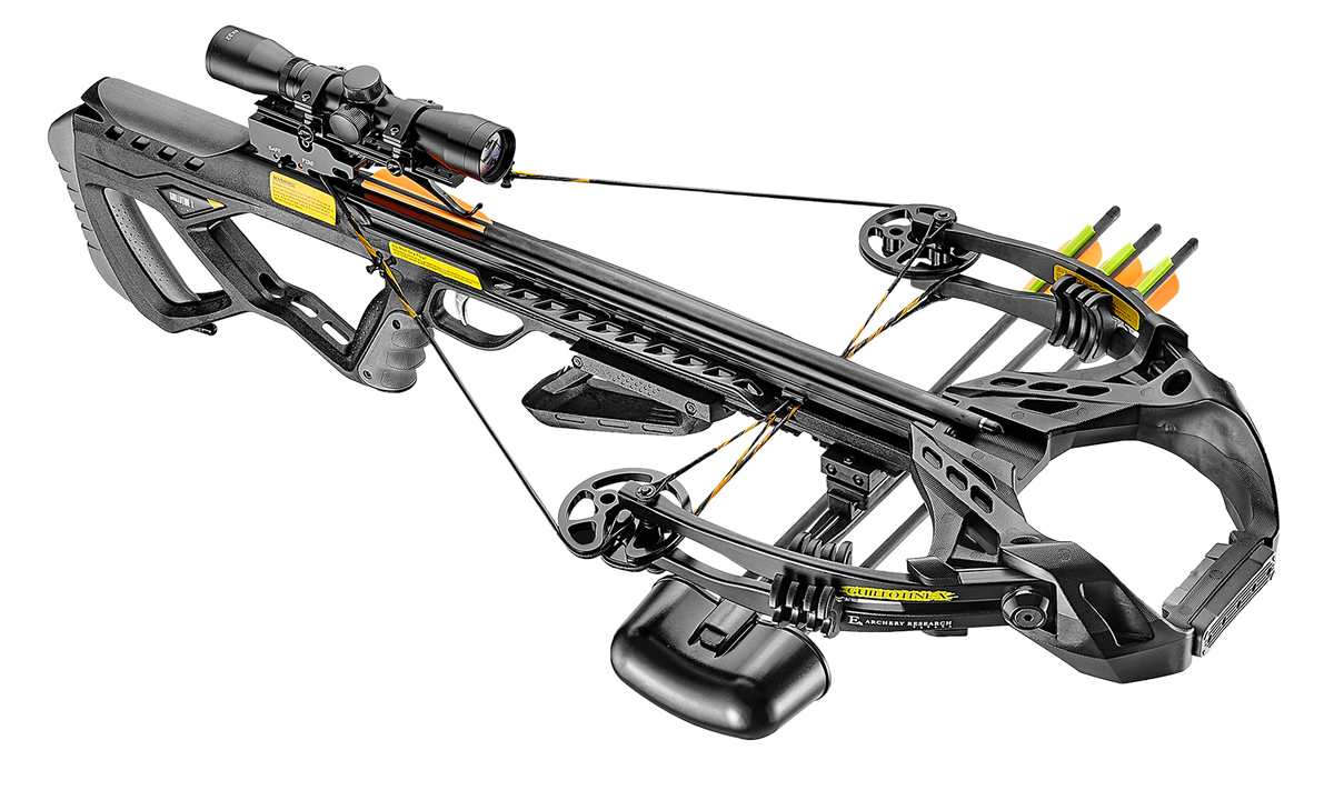 EK Archery Guillotine X Black 185lbs, 4x32 scope, cocking rope, shoulder sling, 6 bolt quiver, 3x20" carbon bolts (D-067B3), string stopper