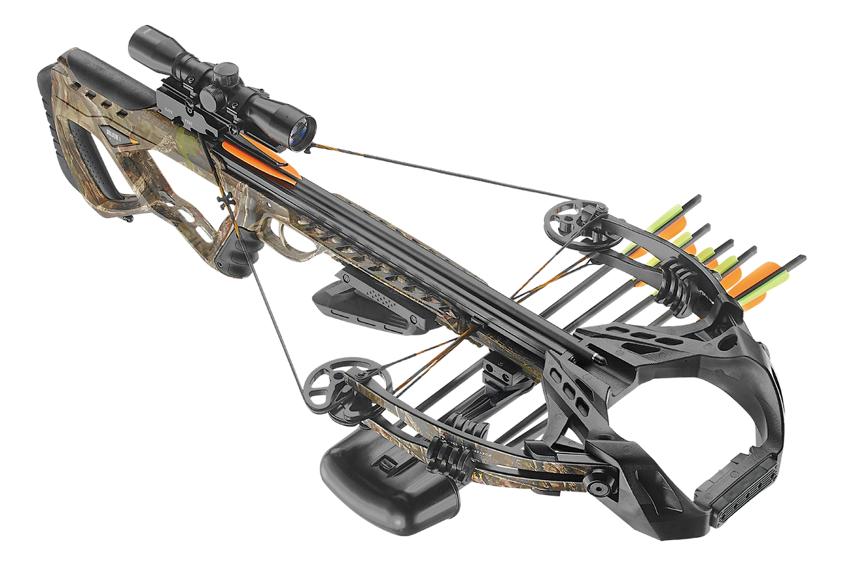 EK Archery Guillotine X Folium 185lbs, 4x32 scope, cocking rope, shoulder sling, 6 bolt quiver, 3x20" carbon bolts (D-067B3), string stopper