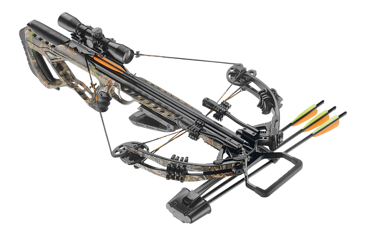EK Archery Guillotine M Folium 185lbs, 4x32 scope, cocking rope, shoulder sling, 3 bolt quiver, 3x20" carbon bolts (D-067B3), string stopper ->(CR-063MP)