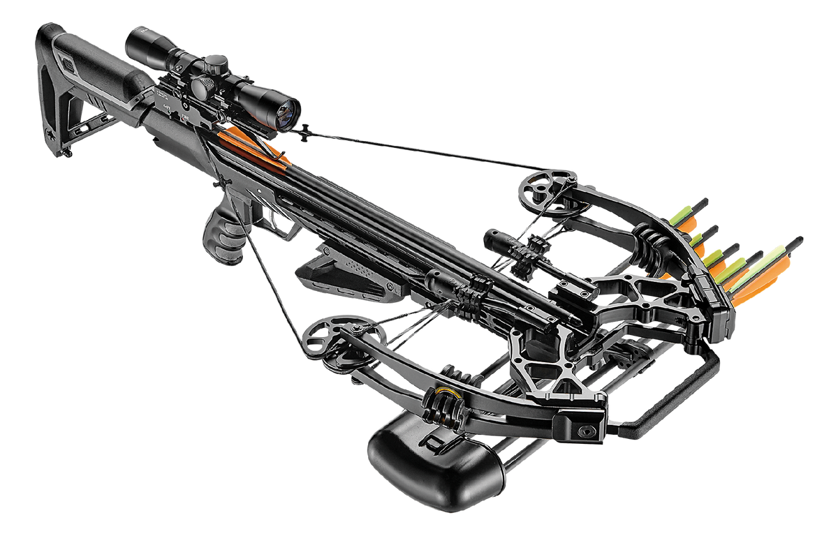 EK Archery Accelerator 410 Black 185lbs, 4x32 scope, cocking rope, shoulder sling, 6 bolt quiver 3x20" carbon bolts (D-067B3), AR fore grip, string stopper