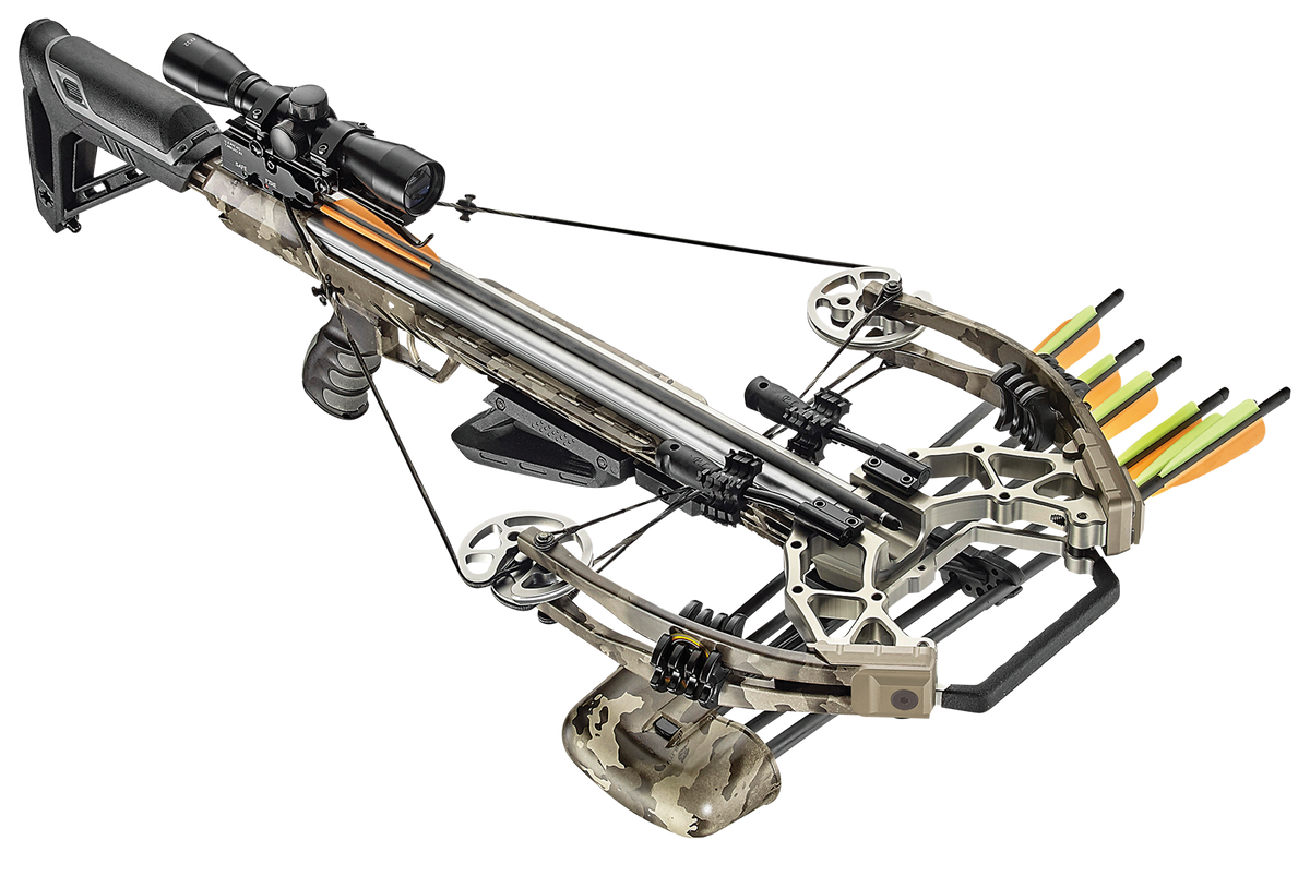 EK Archery Accelerator 410 Snow Camo 185lbs, 4x32 scope, cocking rope, shoulder sling, 6 bolt quiver 3x20" carbon bolts (D-067B3), AR fore grip, string stopper