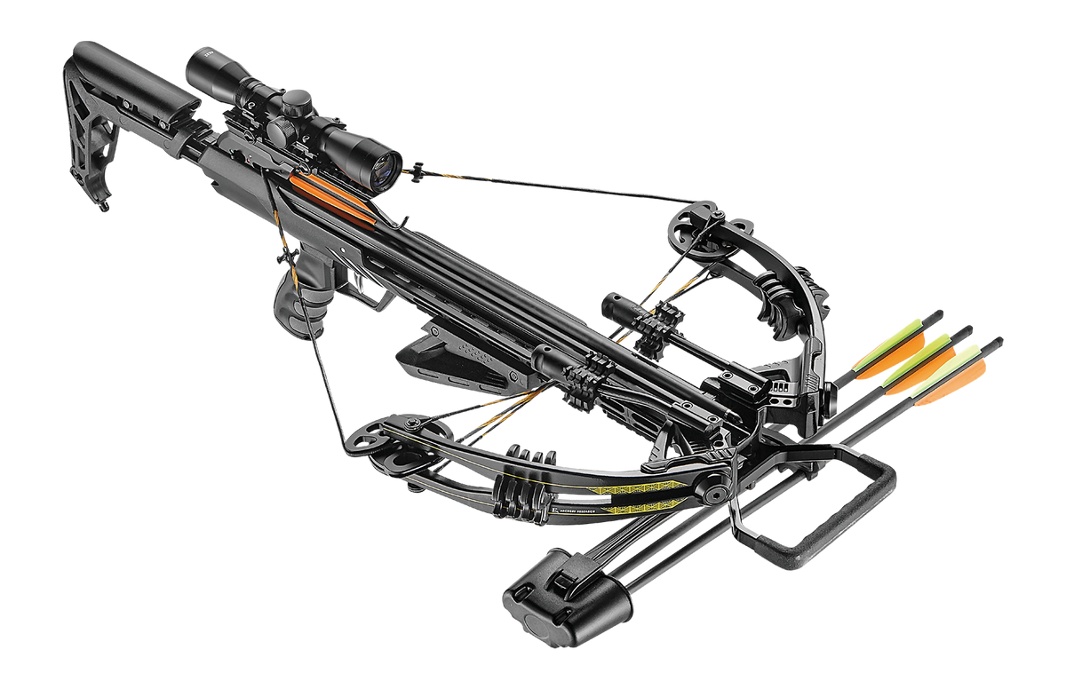 EK Archery Accelerator 370 Black 185lbs, 4x32 scope, cocking rope, shoulder sling, 3 bolt quiver, 3x20" carbon bolts (D-067B3), AR fore grip, string stopper
